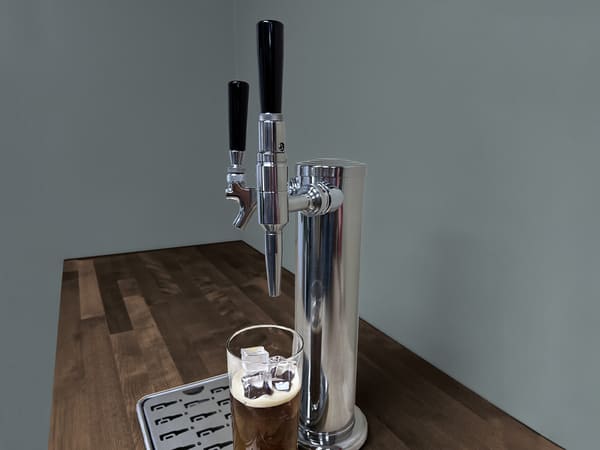 ZEPHYR Outdoor Kegerator & Beverage Cooler shown at an angle with double tap kit and Nitrogen Conversion Kit installed, highlighting versatile draft dispensing setup