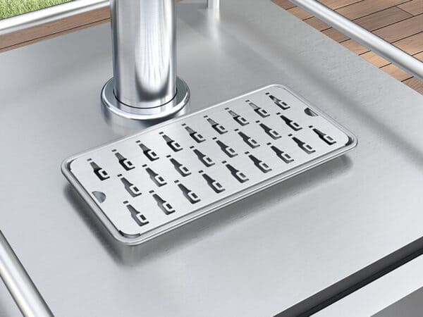 ZEPHYR Outdoor Kegerator & Beverage Cooler close-up of the drip tray, designed to catch spills and maintain a clean serving area during outdoor use