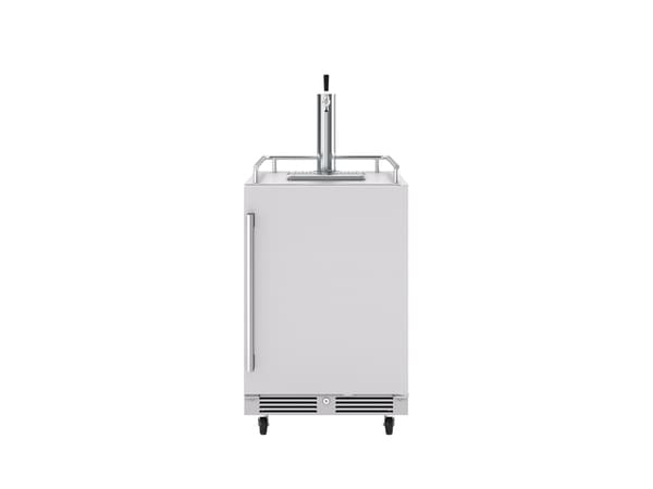 ZEPHYR Outdoor Kegerator & Beverage Cooler shown head-on with optional casters installed, offering mobility and durability for versatile outdoor use