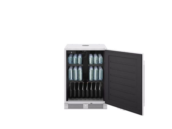 ZEPHYR Outdoor Kegerator & Beverage Cooler shown with no tap installed, used as a high-capacity beverage cooler with adjustable shelves for can storage