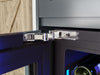 Close-up of the ZEPHYR Panel Ready Full Size Beverage Cooler featuring a Hettich articulating hinge for smooth, seamless door movement with custom panels