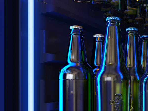 Interior of the ZEPHYR Panel Ready Full Size Beverage Cooler illuminated with deep blue LED lighting, offering a modern and stylish beverage presentation