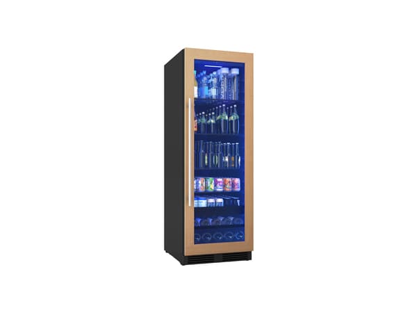 Angled view of the ZEPHYR Panel Ready Full Size Beverage Cooler, showcasing its seamless design and customizable front to match surrounding cabinetry