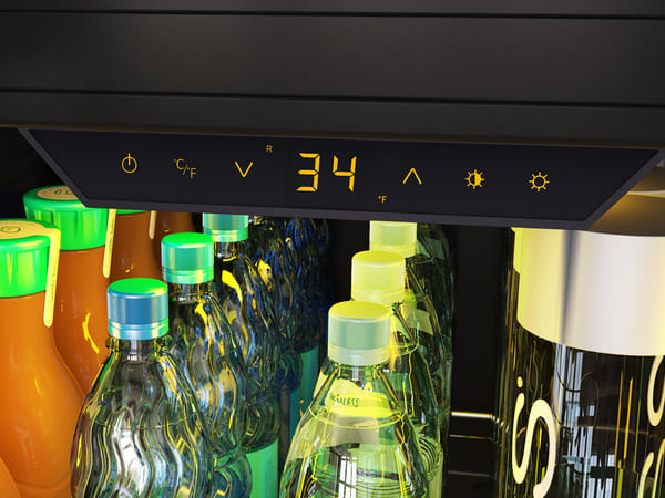 ZEPHYR Panel Ready Full Size Beverage Cooler control display illuminated in amber LED lighting, highlighting elegant digital controls and settings