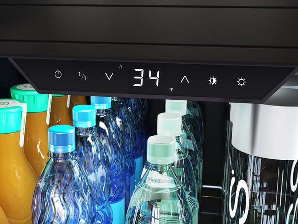 ZEPHYR Panel Ready Full Size Beverage Cooler control display illuminated in cloud white LED lighting, highlighting digital touch controls and settings