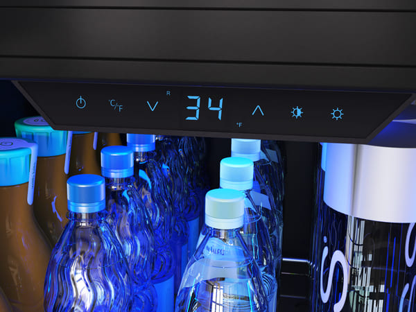 ZEPHYR Panel Ready Full Size Beverage Cooler control display lit in deep blue LED lighting, showcasing sleek touch controls and temperature readout