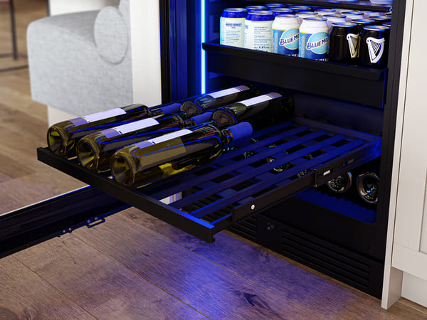 ZEPHYR Panel Ready Full Size Beverage Cooler with full-extension black wood rack, ideal for storing wine and specialty bottles