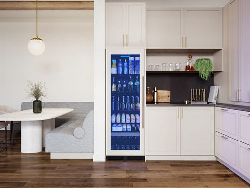 Head-on view of the ZEPHYR Panel Ready Full Size Beverage Cooler built into a contemporary kitchen setting, perfectly aligned with surrounding cabinetry