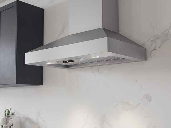 Close-up detail of the ZEPHYR Podestà Range Hood showing sleek stainless steel finish and modern craftsmanship