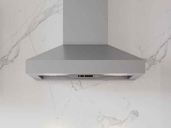 Front view of the ZEPHYR Podestà Wall Convertible Range Hood in modern stainless steel design