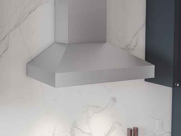 Overhead view of the ZEPHYR Podestà Range Hood highlighting the slim, angular design and vent structure