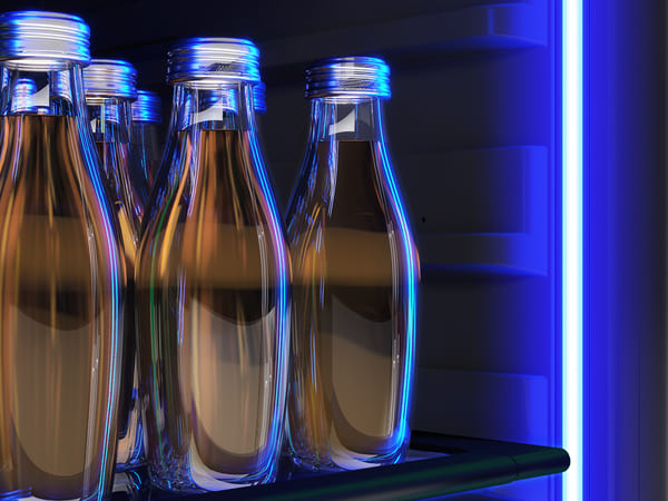 ZEPHYR Presrv Panel-Ready Single Zone Beverage Cooler interior lit with deep blue LED lighting, highlighting sleek and modern beverage display