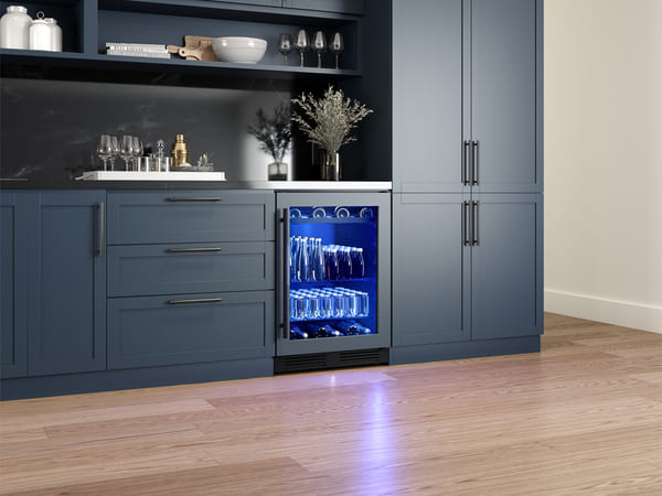 ZEPHYR Presrv Panel-Ready Single Zone Beverage Cooler seamlessly integrated into a modern kitchen environment, blending with custom cabinetry