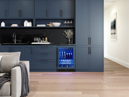 ZEPHYR Presrv Panel-Ready Single Zone Beverage Cooler shown in a full kitchen environment, built into cabinetry for a sleek, custom look