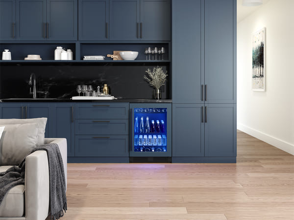 ZEPHYR Presrv Panel-Ready Single Zone Beverage Cooler shown in a full kitchen environment, built into cabinetry for a sleek, custom look