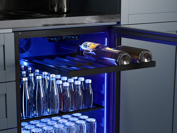 ZEPHYR Presrv Panel-Ready Single Zone Beverage Cooler with full-extension wood rack pulled out, highlighting flexible beverage storage