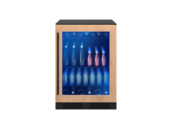 Front view of ZEPHYR Presrv™ Panel Ready Single Zone Beverage Cooler with shelf extended for easy access to beverages