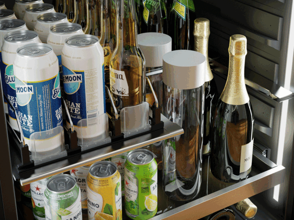 ZEPHYR Pro Single Zone Beverage Cooler interior view showing the spring-loaded drink caddy and extended glass quarter-shelf for organized beverage storage