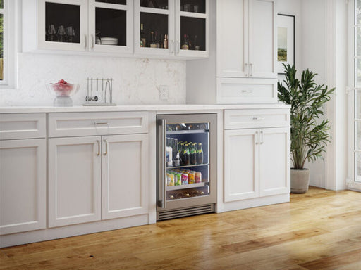 ZEPHYR Pro Single Zone Beverage Cooler in a stylish kitchen environment, shown at an angle highlighting the stainless steel frame and glass door design