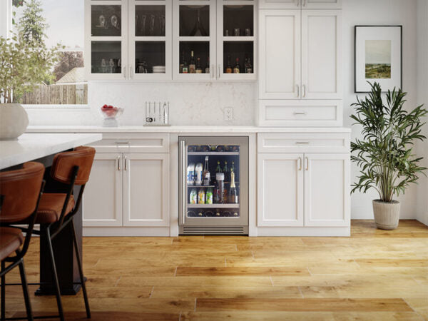 ZEPHYR Pro Single Zone Beverage Cooler in a kitchen setting, shown head-on with the door open and shelves partially retracted to display interior storage