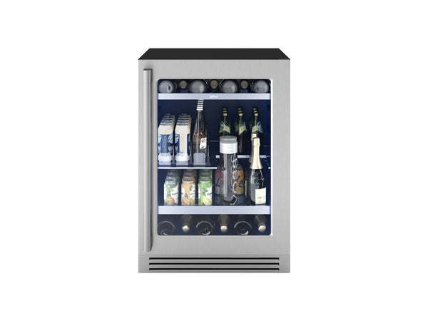 ZEPHYR Pro Single Zone Beverage Cooler shown head-on with the quarter-shelf extended, highlighting customizable interior shelving and sleek design