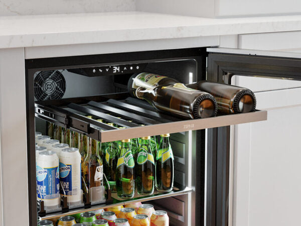 ZEPHYR Pro Single Zone Beverage Cooler interior showcasing a soft-close, full-extension black wood rack with stainless steel trim for elegant bottle storage