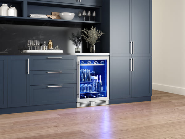 ZEPHYR Single Zone Beverage Cooler in modern setting with glass quarter-shelf retracted