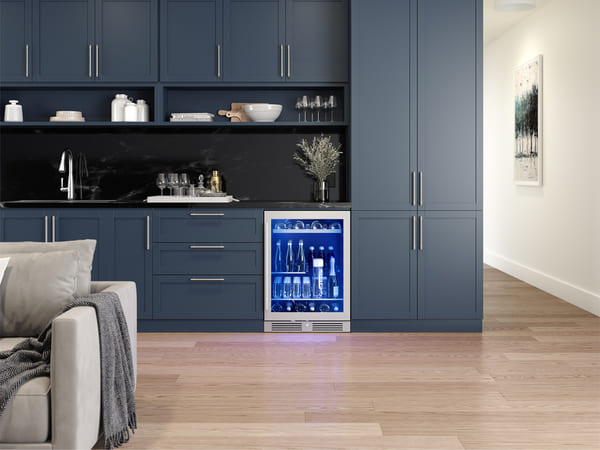 ZEPHYR Single Zone Beverage Cooler fully integrated in kitchen with glass quarter-shelf retracted