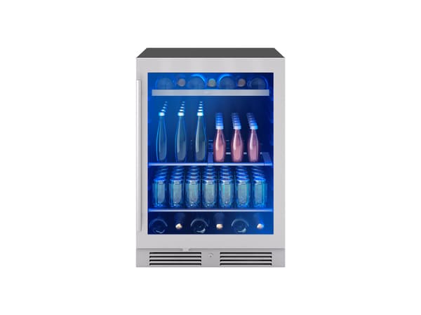 Front view of ZEPHYR Single Zone Beverage Cooler with stainless steel trim and glass door