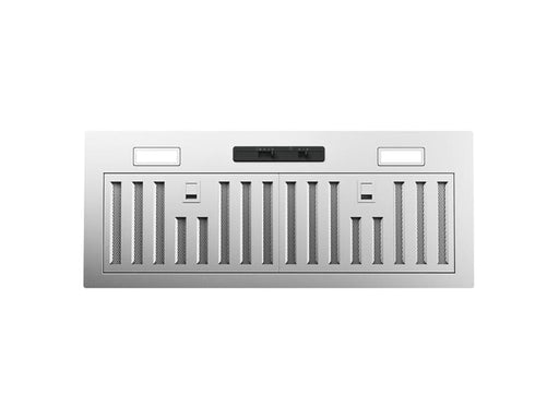 Zephyr Tornado I Insert Range Hood model AK81 shown in stainless steel with LED lighting and hybrid baffle filters for custom kitchen installations.