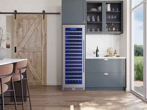 Best single zone wine cooler captured head-on in a stylish home setting, showcasing its premium design and capacity.