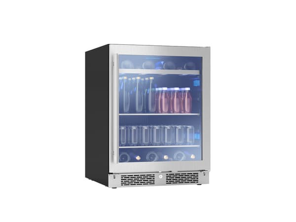 Zephyr ADA-compliant single zone beverage cooler with a sleek stainless steel finish, glass door, and interior LED lighting, designed for under-counter installation.