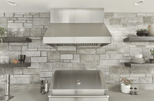 Head on environmental view of Zephyr Cypress Wall-Mount Outdoor Hood with Pro Baffle Filters for Heavy-Duty Grilling Ventilation.
