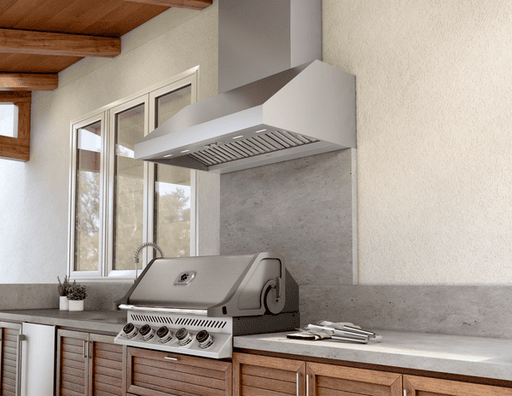 Detailed environmental view of Zephyr Cypress Wall-Mount Outdoor Hood with Pro Baffle Filters for Heavy-Duty Grilling Ventilation.