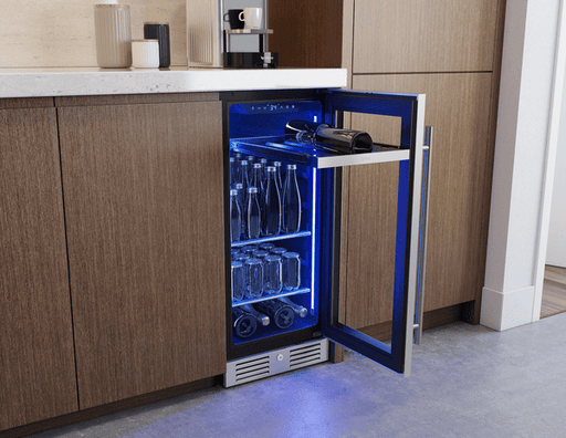 Overhead environmental view of Zephyr PRB15C01CG 15-Inch Single Zone Beverage Fridge with stainless steel glass door, precise temperature control, and compact design for beverage storage.