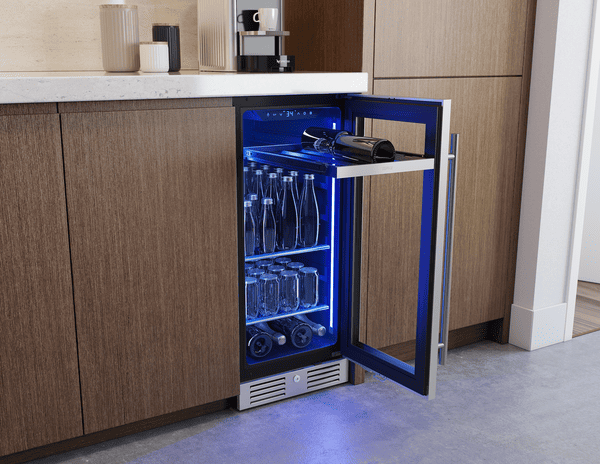Overhead environmental view of Zephyr PRB15C01CG 15-Inch Single Zone Beverage Fridge with stainless steel glass door, precise temperature control, and compact design for beverage storage.