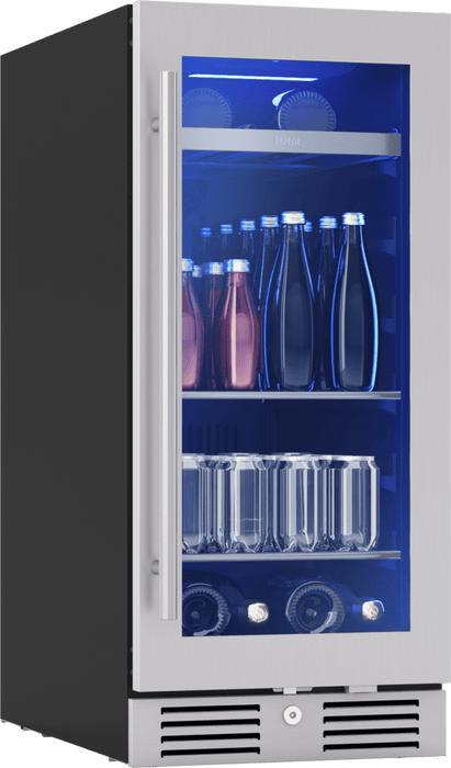 3/4 angle view of Zephyr PRB15C01CG 15-Inch Single Zone Beverage Fridge with stainless steel glass door, precise temperature control, and compact design for beverage storage.
