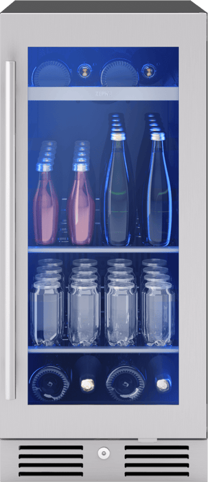 Head on view of Zephyr PRB15C01CG 15-Inch Single Zone Beverage Fridge with stainless steel glass door, precise temperature control, and compact design for beverage storage.