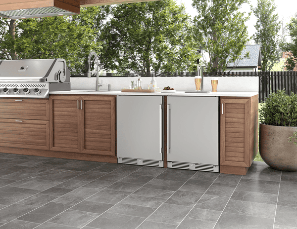 Detail environmental of Zephyr 24-Inch Outdoor Refrigerator in stainless steel, model PRR24C01AS-OD, built for durability and cooling performance in outdoor kitchens.