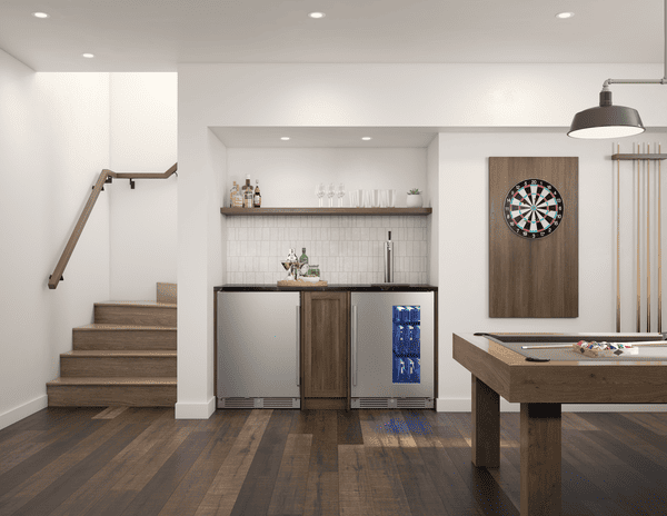 Head on environmental of Zephyr 24-Inch Outdoor Refrigerator in stainless steel, model PRR24C01AS-OD, built for durability and cooling performance in outdoor kitchens.