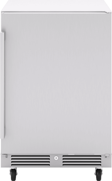 Head on view of Zephyr 24-Inch Outdoor Refrigerator in stainless steel, model PRR24C01AS-OD, built for durability and cooling performance in outdoor kitchens.