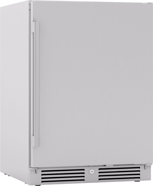 3/4 Angled shot of Zephyr 24-Inch Outdoor Refrigerator in stainless steel, model PRR24C01AS-OD, built for durability and cooling performance in outdoor kitchens.