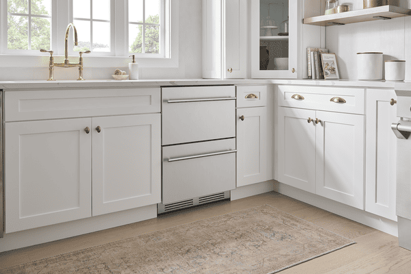 Detail environmental view of Zephyr PRRD24C1AS 24-Inch Presrv™ Refrigerator Drawers in stainless steel with dual drawers and precise temperature control for premium food and beverage storage.