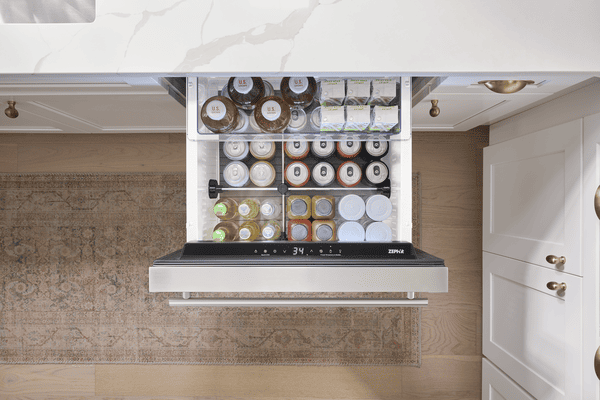 Overhead environmental view of Zephyr PRRD24C1AS 24-Inch Presrv™ Refrigerator Drawers in stainless steel with dual drawers and precise temperature control for premium food and beverage storage.