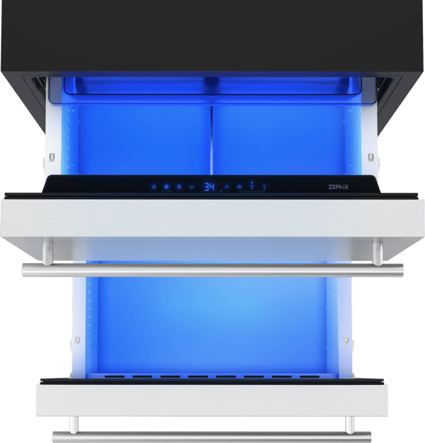 Overhead view of Zephyr PRRD24C1AS 24-Inch Presrv™ Refrigerator Drawers in stainless steel with dual drawers and precise temperature control for premium food and beverage storage.