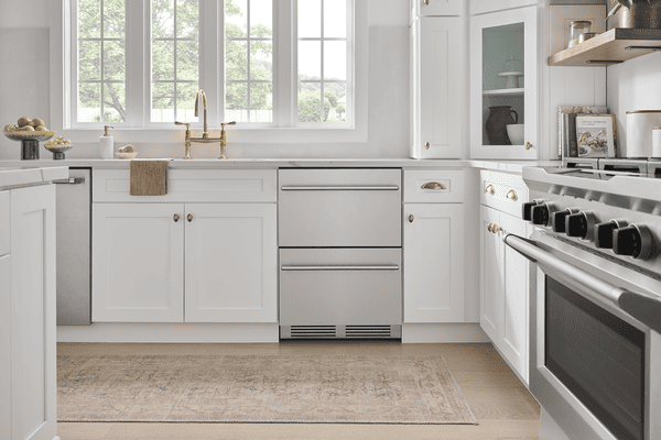 Head on environmental view of Zephyr PRRD24C1AS 24-Inch Presrv™ Refrigerator Drawers in stainless steel with dual drawers and precise temperature control for premium food and beverage storage.