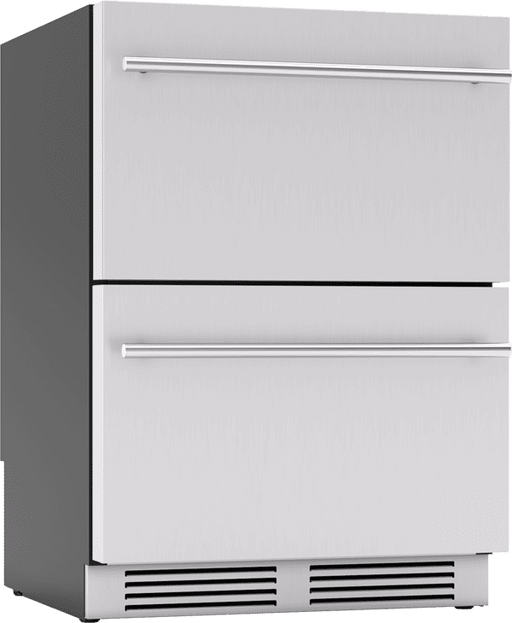 3/4 angle view of Zephyr PRRD24C1AS 24-Inch Presrv™ Refrigerator Drawers in stainless steel with dual drawers and precise temperature control for premium food and beverage storage.