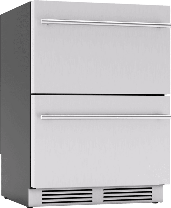 3/4 angle view of Zephyr PRRD24C1AS 24-Inch Presrv™ Refrigerator Drawers in stainless steel with dual drawers and precise temperature control for premium food and beverage storage.