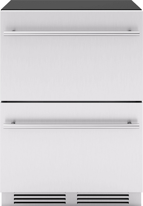 Head on view of Zephyr PRRD24C1AS 24-Inch Presrv™ Refrigerator Drawers in stainless steel with dual drawers and precise temperature control for premium food and beverage storage.