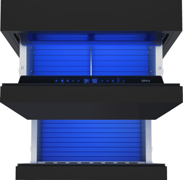 Overhead view of Zephyr PRRD24C2AP 24-Inch Panel Ready Dual Zone Refrigerator Drawers with customizable front panels and independent temperature zones for versatile cooling.